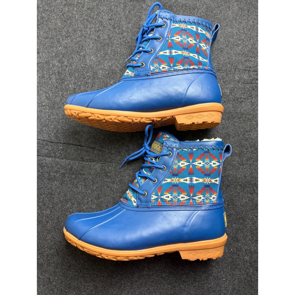 Pendleton Acadia Duck Boots Blue Wool Yakima Stripe Rubber Womens 10 NWOT